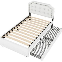 Lit avec rangement 90x200 cm simple capitonné avec 2 tiroirs et tête de lit courbée cloutée - revêtement en lin beige foncé