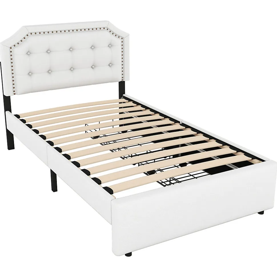 Lit avec rangement 90x200 cm simple capitonné avec 2 tiroirs et tête de lit courbée cloutée - revêtement en lin beige foncé