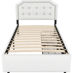 Lit avec rangement 90x200 cm simple capitonné avec 2 tiroirs et tête de lit courbée cloutée - revêtement en lin beige foncé