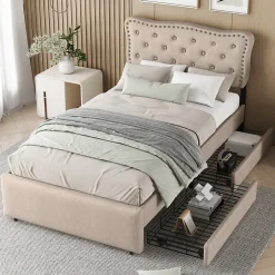 Lit avec rangement 90x200 cm simple capitonné avec 2 tiroirs et tête de lit ondulée cloutée - revêtement en lin beige foncé