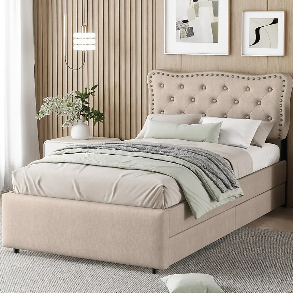 Lit avec rangement 90x200 cm simple capitonné avec 2 tiroirs et tête de lit ondulée cloutée - revêtement en lin beige foncé