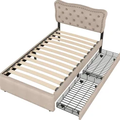 Lit avec rangement 90x200 cm simple capitonné avec 2 tiroirs et tête de lit ondulée cloutée - revêtement en lin beige foncé