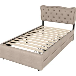 Lit avec rangement 90x200 cm simple capitonné avec 2 tiroirs et tête de lit ondulée cloutée - revêtement en lin beige foncé