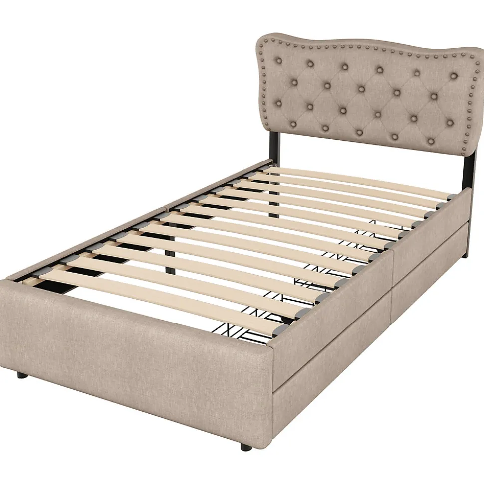 Lit avec rangement 90x200 cm simple capitonné avec 2 tiroirs et tête de lit ondulée cloutée - revêtement en lin beige foncé