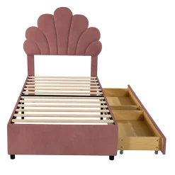 Lit avec rangement 90x200 cm simple enfant fille capitonné avec 2 ablagefächer et lattenrost, velours+bois rose, sans matelas
