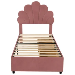 Lit avec rangement 90x200 cm simple enfant fille capitonné avec 2 ablagefächer et lattenrost, velours+bois rose, sans matelas
