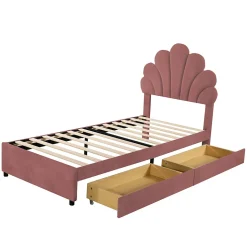 Lit avec rangement 90x200 cm simple enfant fille capitonné avec 2 ablagefächer et lattenrost, velours+bois rose, sans matelas