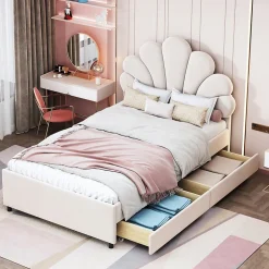 Lit avec rangement 90x200 cm simple enfant fille capitonné avec 2 ablagefächer et lattenrost, velours+bois beige, sans matelas