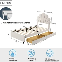 Lit avec rangement 90x200 cm simple enfant fille capitonné avec 2 ablagefächer et lattenrost, velours+bois beige, sans matelas