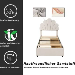 Lit avec rangement 90x200 cm simple enfant fille capitonné avec 2 ablagefächer et lattenrost, velours+bois beige, sans matelas