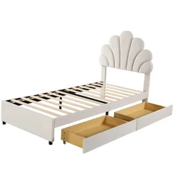 Lit avec rangement 90x200 cm simple enfant fille capitonné avec 2 ablagefächer et lattenrost, velours+bois beige, sans matelas