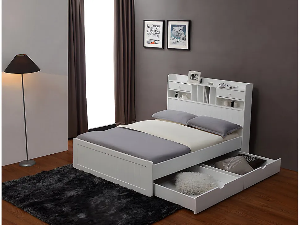 Lit avec rangements 140 x 190 cm - Blanc - MEDERICK