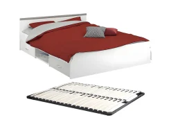 Lit avec rangements 140 x 190 cm - 2 tiroirs et 1 niche - Coloris : Blanc + Sommier - PABLO