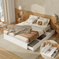 Lit avec Rangements 140x200 cm - Lit Double avec Tiroirs, Espace sous le Lit - MDF - Blanc - Sans Matelas