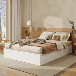 Lit avec Rangements 140x200 cm - Lit Double avec Tiroirs, Espace sous le Lit - MDF - Blanc - Sans Matelas