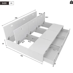 Lit avec Rangements 140x200 cm - Lit Double avec Tiroirs, Espace sous le Lit - MDF - Blanc - Sans Matelas