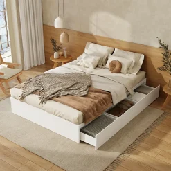 Lit avec Rangements 140x200 cm - Lit Double avec Tiroirs, Espace sous le Lit - MDF - Blanc - Sans Matelas