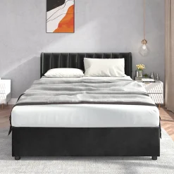 Lit avec Rangements 160x200, Lit Double Capitonné en Velours Noir avec 2 Tiroirs