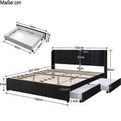 Lit avec Rangements 160x200, Lit Double Capitonné en Velours Noir avec 2 Tiroirs