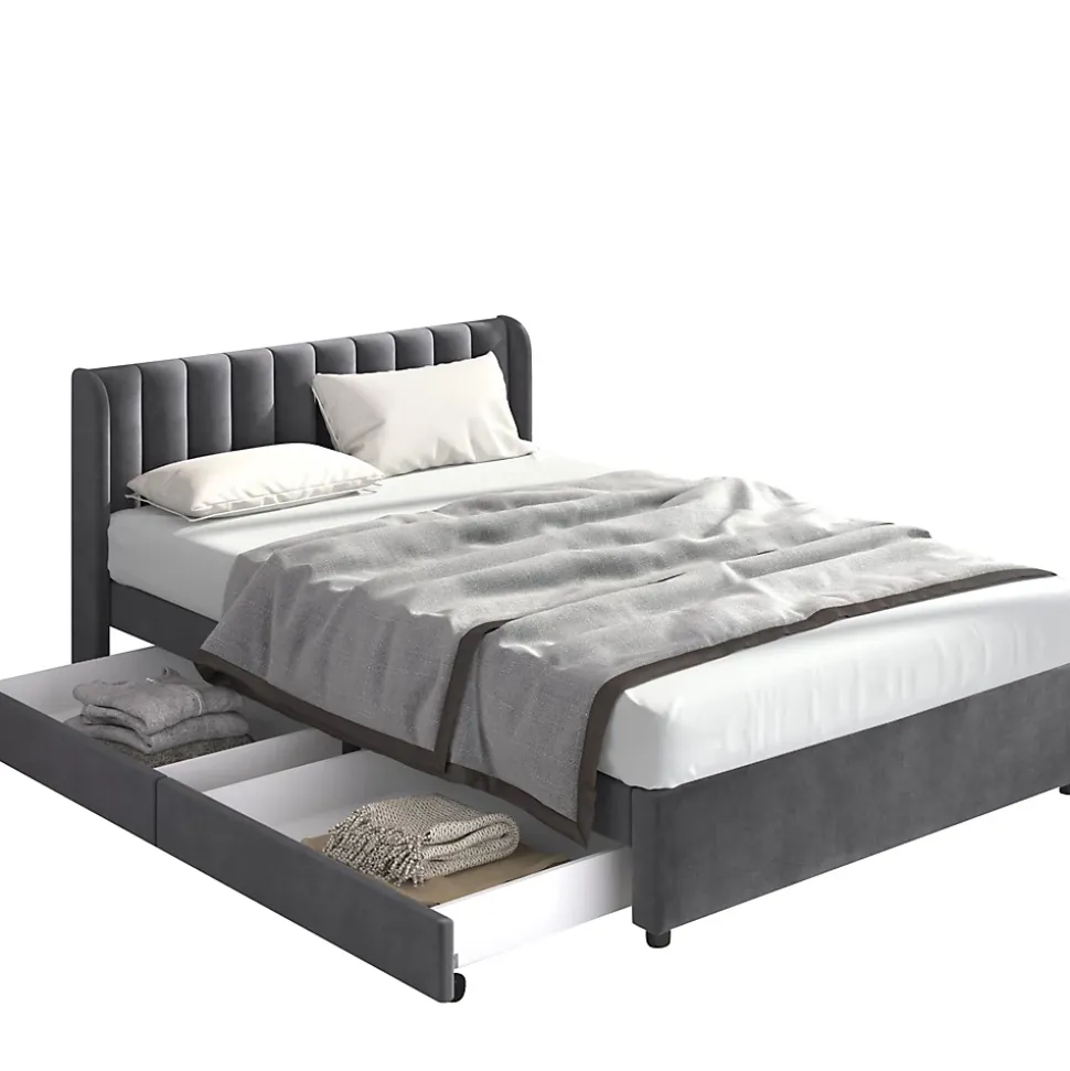 Lit avec Rangements 160x200, Lit Double Capitonné en Velours Gris avec 2 Tiroirs