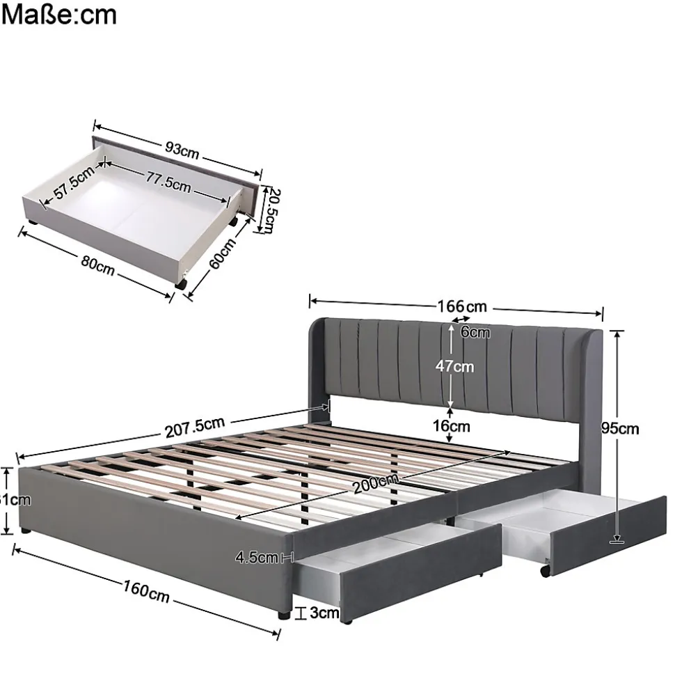 Lit avec Rangements 160x200, Lit Double Capitonné en Velours Gris avec 2 Tiroirs
