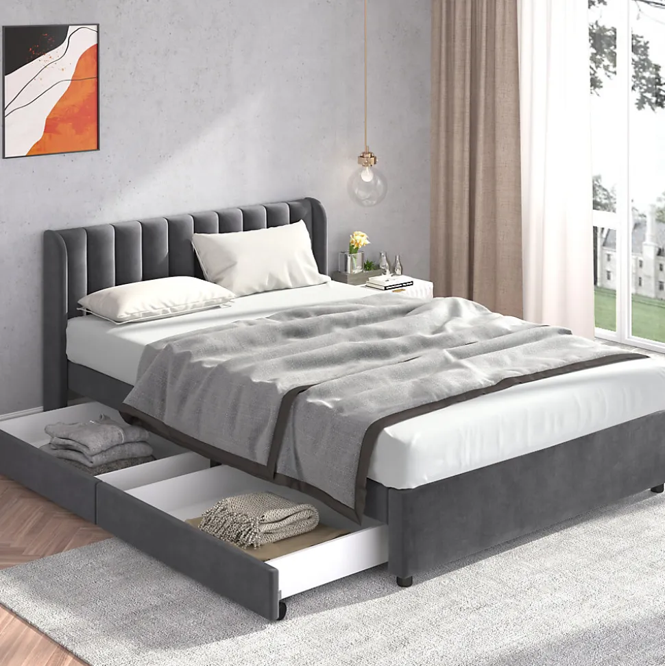 Lit avec Rangements 140x200, Lit Double Capitonné avec 2 Tiroirs, Velours Gris