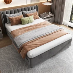 Lit avec Rangements 140x200, Lit Double Capitonné avec 2 Tiroirs, Velours Gris