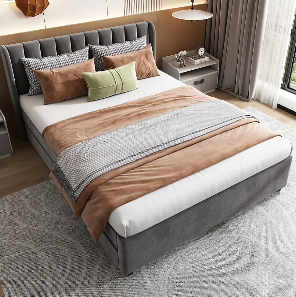 Lit avec Rangements 140x200, Lit Double Capitonné avec 2 Tiroirs, Velours Gris