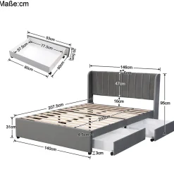 Lit avec Rangements 140x200, Lit Double Capitonné avec 2 Tiroirs, Velours Gris