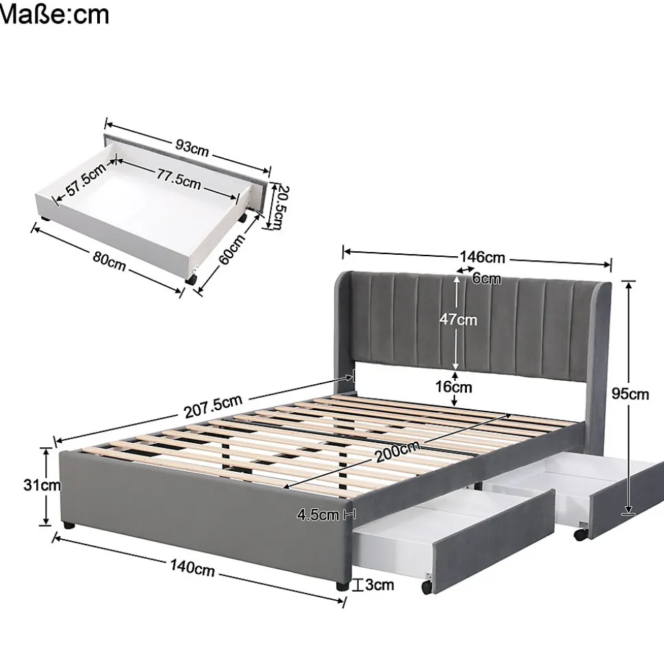 Lit avec Rangements 140x200, Lit Double Capitonné avec 2 Tiroirs, Velours Gris