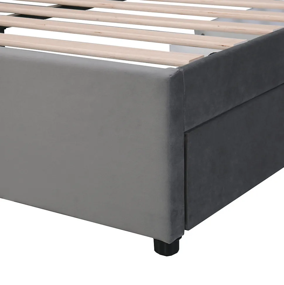 Lit avec Rangements 140x200, Lit Double Capitonné avec 2 Tiroirs, Velours Gris