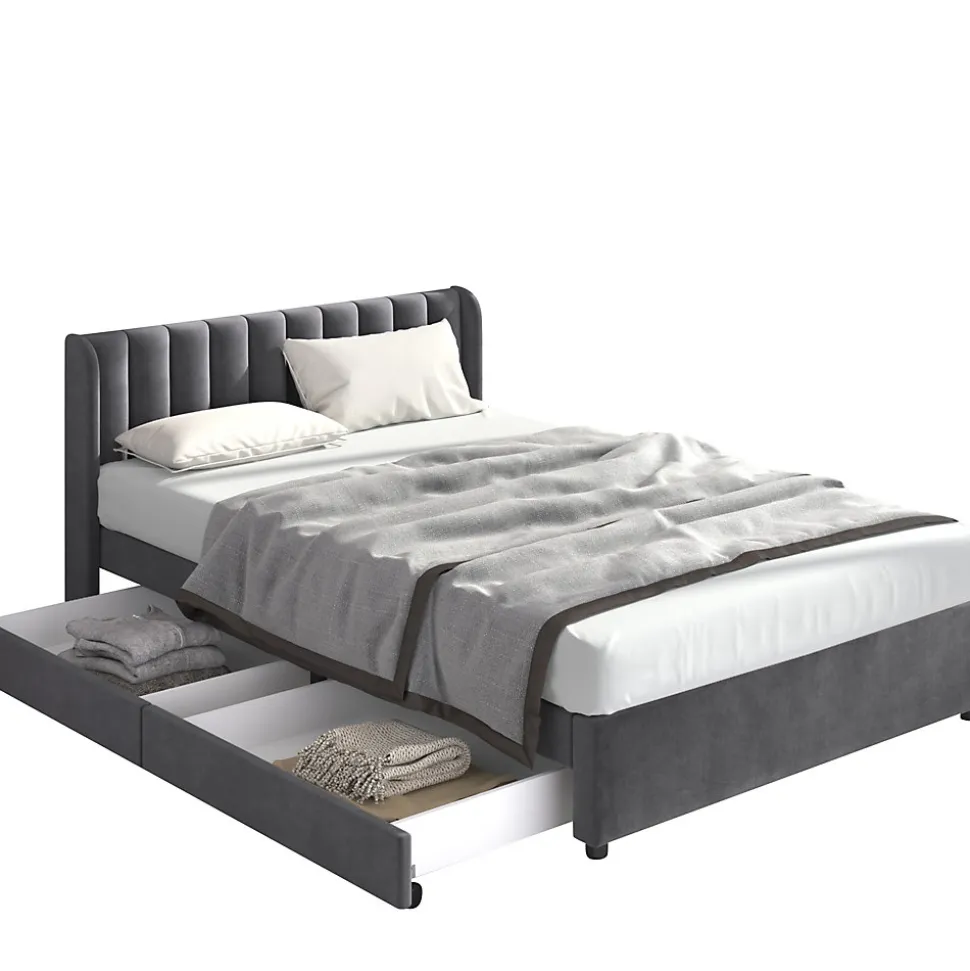 Lit avec Rangements 140x200, Lit Double Capitonné avec 2 Tiroirs, Velours Gris