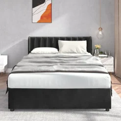 Lit avec Rangements 140x200, Lit Double Capitonné avec 2 Tiroirs, Velours Noir