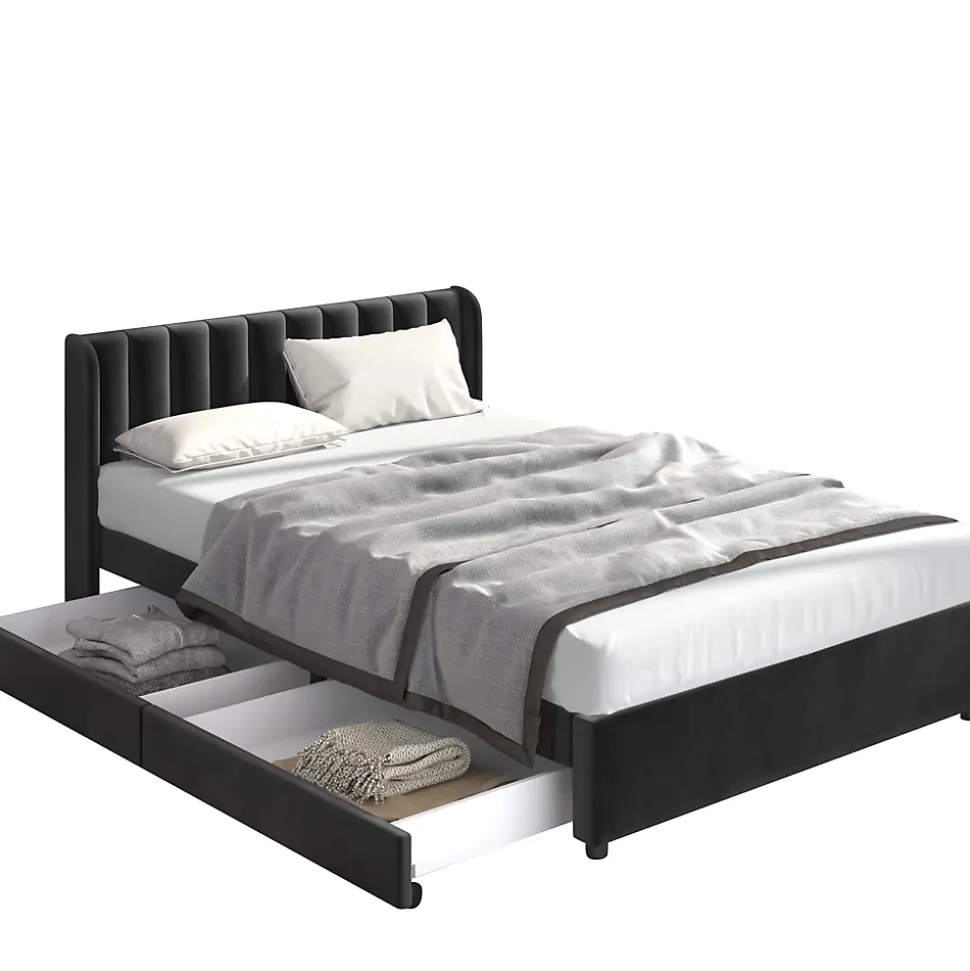Lit avec Rangements 140x200, Lit Double Capitonné avec 2 Tiroirs, Velours Noir