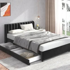 Lit avec Rangements 140x200, Lit Double Capitonné avec 2 Tiroirs, Velours Noir