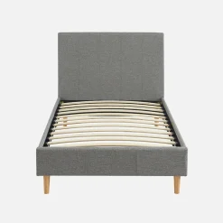 Lit avec sommier à lattes et tête de lit. finition tissu. gris clair. L 202 x P 96 x H 88cm