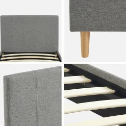 Lit avec sommier à lattes et tête de lit. finition tissu. gris clair. L 202 x P 96 x H 88cm
