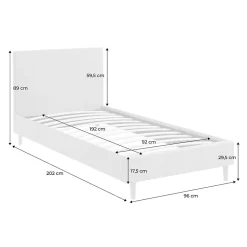 Lit avec sommier à lattes et tête de lit. finition tissu. gris clair. L 202 x P 96 x H 88cm