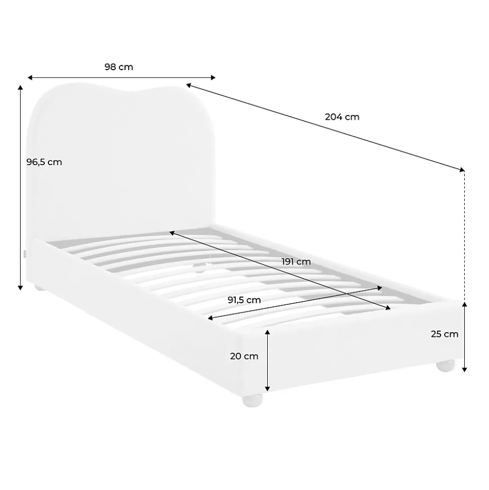 Lit avec sommier à lattes et tête de lit. blanc finition bouclette. L204 x P98 x H96.5cm