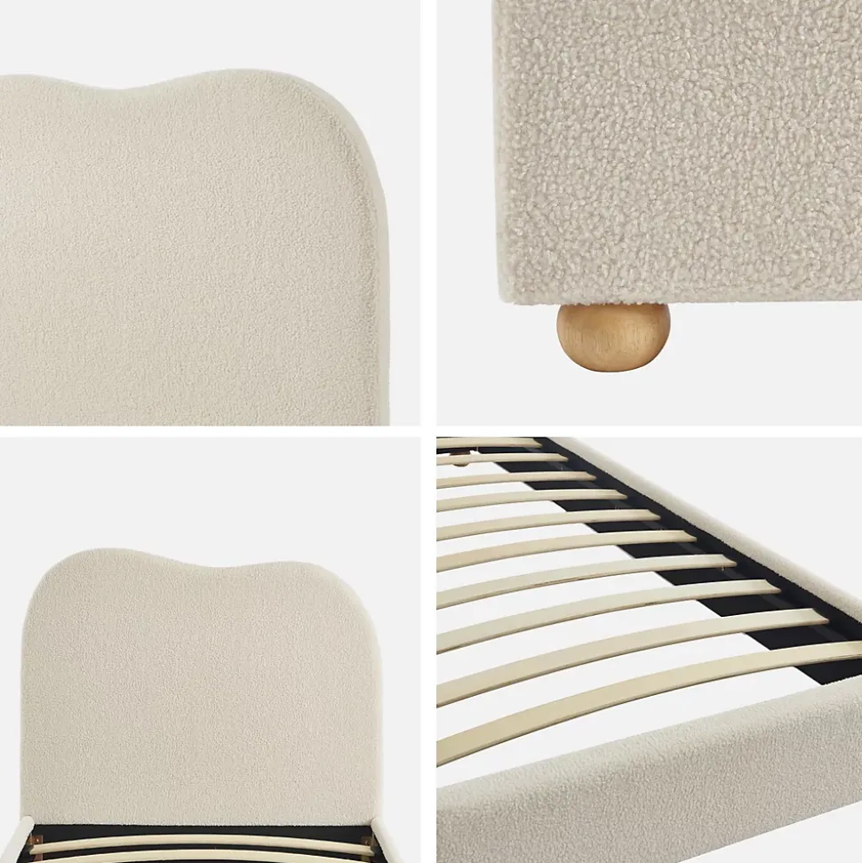 Lit avec sommier à lattes et tête de lit. blanc finition bouclette. L204 x P98 x H96.5cm