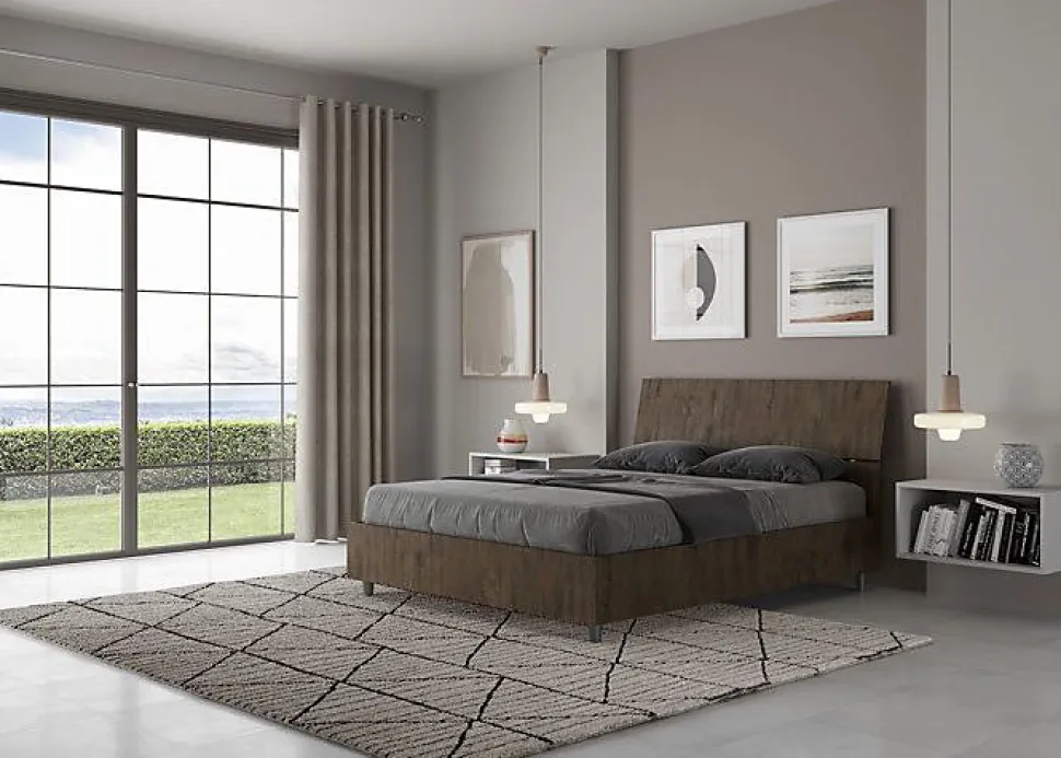 Lit avec sommier à lattes 140x190, tête de lit inclinée Demas en noyer