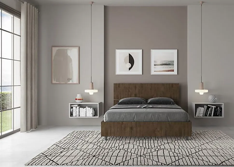 Lit avec sommier à lattes 140x190, tête de lit inclinée Demas en noyer