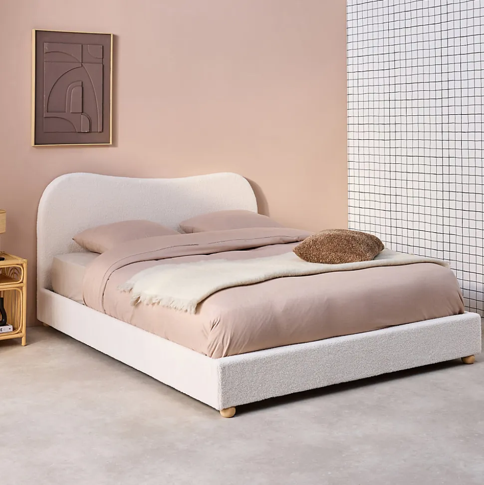 Lit avec sommier à lattes et tête de lit. blanc finition bouclette. L214.5 x P168 x H97cm