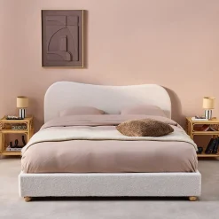 Lit avec sommier à lattes et tête de lit. blanc finition bouclette. L203 x P148 x H97cm