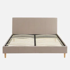 Lit avec sommier à lattes et tête de lit. finition tissu. beige L 211 x P 167.5 x H 89cm