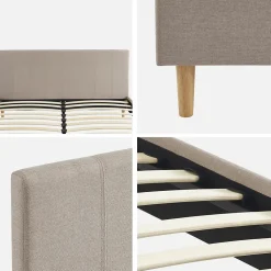 Lit avec sommier à lattes et tête de lit. finition tissu. beige L 211 x P 167.5 x H 89cm