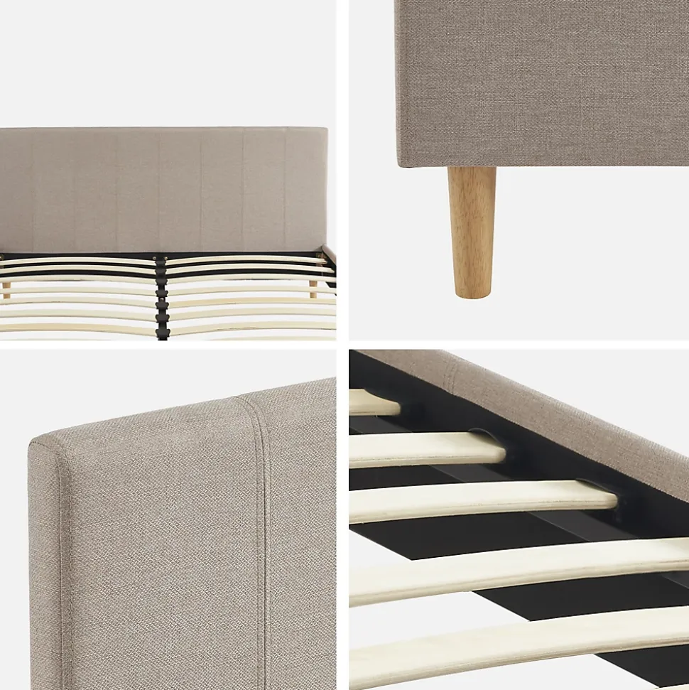 Lit avec sommier à lattes et tête de lit. finition tissu. beige L 211 x P 167.5 x H 89cm