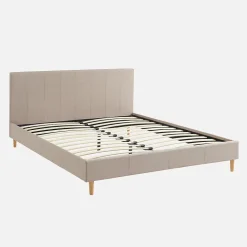 Lit avec sommier à lattes et tête de lit. finition tissu. beige L 211 x P 167.5 x H 89cm