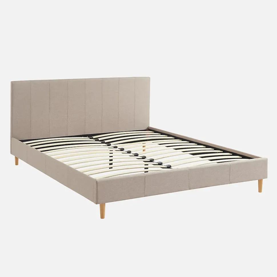 Lit avec sommier à lattes et tête de lit. finition tissu. beige L 211 x P 167.5 x H 89cm