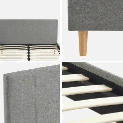 Lit avec sommier à lattes et tête de lit. finition tissu. gris clair. L 202 x P 148 x H 89cm